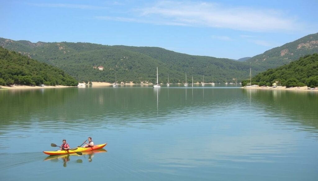 A pristine lake surrounded by rolling hills and lush greenery, the Alqueva Reservoir in the Alentejo region of Portugal offers a serene setting for a variety of water sports. In the foreground, a group of kayakers glide effortlessly across the calm, mirror-like surface, their paddles creating gentle ripples. Along the shoreline, families and friends lounge on the sandy beaches, soaking up the warm Mediterranean sun. In the distance, sailboats and motorized watercraft dot the horizon, their white sails and hulls reflecting the azure sky above. The overall atmosphere is one of tranquility and leisure, inviting visitors to immerse themselves in the natural beauty and recreational activities of this stunning freshwater oasis.