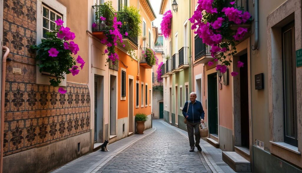 A quaint cobblestone street in the historic Alfama district of Lisbon, Portugal. Colorful houses with tile facades and wrought-iron balconies line the narrow alleyway, casting gentle shadows across the ground. Vibrant bougainvillea vines cascade from window boxes, adding pops of fuchsia to the scene. An elderly local strolls by, basket in hand, while a cat lounges on a doorstep. The air is filled with the aroma of freshly baked pastries and the sounds of fado music drifting from open windows. The lighting is soft and warm, creating a cozy, inviting atmosphere perfect for exploring this charming neighborhood on foot.
