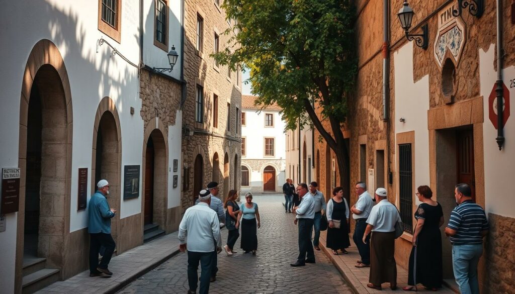 A quaint cobblestone street winds through the historic center of Trancoso, Portugal, where Jewish traditions have thrived for centuries. Warm afternoon light filters through arched doorways, casting shadows on whitewashed walls adorned with intricate azulejo tiles. In the foreground, a group of locals gathers, engaged in lively conversation, their traditional garments and gestures evoking the enduring cultural heritage of this Iberian haven. Towering stone buildings frame the scene, their weathered facades standing as silent witnesses to the passage of time. A sense of timelessness pervades the air, inviting the viewer to step back in history and immerse themselves in the rich tapestry of Trancoso's enduring Jewish traditions.