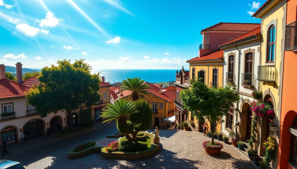 A quaint, historic town square in Ponta Delgada, the vibrant heart of São Miguel island in the Azores. Cobblestone streets wind between pastel-colored buildings with terracotta roofs, their facades adorned with intricate azulejo tilework. Lush, verdant trees and flower-filled plazas lend a lively, organic energy to the scene. Warm, golden sunlight filters through wispy clouds, casting a soft, dreamy glow over the timeless architecture. In the distance, glimpses of the sparkling azure ocean horizon can be seen, a serene counterpoint to the bustling, charming alleyways. A picturesque snapshot of the island's unique character and heritage.