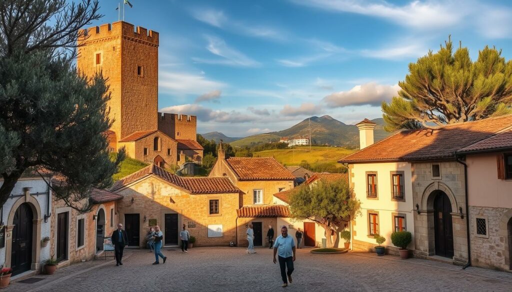 A quaint medieval village nestled in the rolling hills of Portugal, Sortelha's cobblestone streets and rustic stone buildings bask in the warm glow of the afternoon sun. Towering over the charming scene, the village's ancient castle keeps a watchful eye, its weathered walls casting long shadows across the tranquil plaza below. In the foreground, locals go about their daily lives, strolling past picturesque doorways and pausing to chat under the shade of gnarled olive trees. The background is dominated by a lush, verdant landscape, with distant mountains peeking through wispy clouds. This serene, timeless setting captures the essence of Sortelha, a captivating glimpse into Portugal's medieval past.