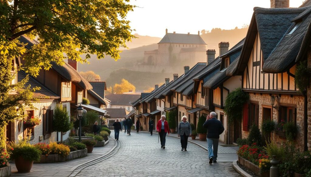A quaint, picturesque village nestled in the rolling hills, with charming half-timbered houses and thatched roofs adorning the cobblestone streets. The warm, golden sunlight filters through the trees, casting a cozy, inviting glow over the scene. In the distance, the silhouette of a historic fortress stands tall, hinting at the rich heritage of the region. Elderly locals stroll leisurely, tending to their lush gardens and waving to passersby. The tranquil atmosphere is punctuated by the gentle chime of church bells, creating a timeless, serene ambiance. This idyllic, well-preserved tableau captures the essence of the historic villages that surround the ancient fortress town of Almeida.
