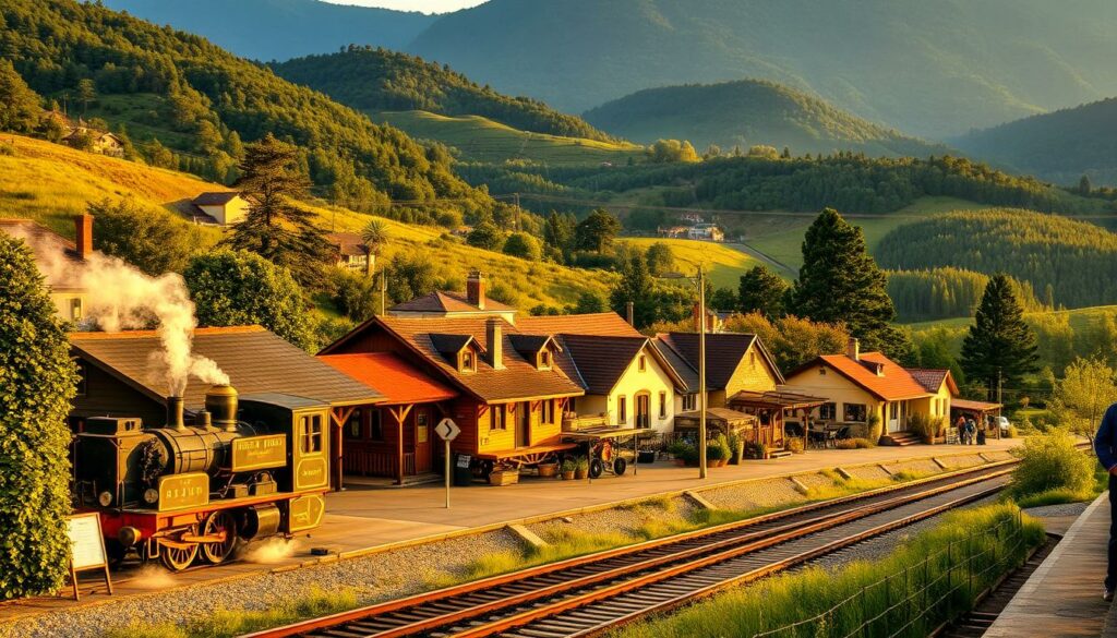 A quaint train station nestled amidst verdant hills, surrounded by a cluster of charming, rustic accommodations. In the foreground, a historic locomotive rests on the tracks, its steam billowing softly. The middle ground reveals cozy, family-run inns and bed and breakfasts, their warm inviting lights beckoning weary travelers. In the distance, rolling mountains and lush forests create a picturesque backdrop, evoking a sense of tranquility and adventure. The scene is bathed in a warm, golden glow, creating a welcoming and nostalgic atmosphere. A perfect oasis for those seeking a peaceful respite along the winding rail lines of Northern Portugal. A quaint train station nestled amidst verdant hills, surrounded by a cluster of charming, rustic accommodations. In the foreground, a historic locomotive rests on the tracks, its steam billowing softly. The middle ground reveals cozy, family-run inns and bed and breakfasts, their warm inviting lights beckoning weary travelers. In the distance, rolling mountains and lush forests create a picturesque backdrop, evoking a sense of tranquility and adventure. The scene is bathed in a warm, golden glow, creating a welcoming and nostalgic atmosphere. A perfect oasis for those seeking a peaceful respite along the winding rail lines of Northern Portugal.