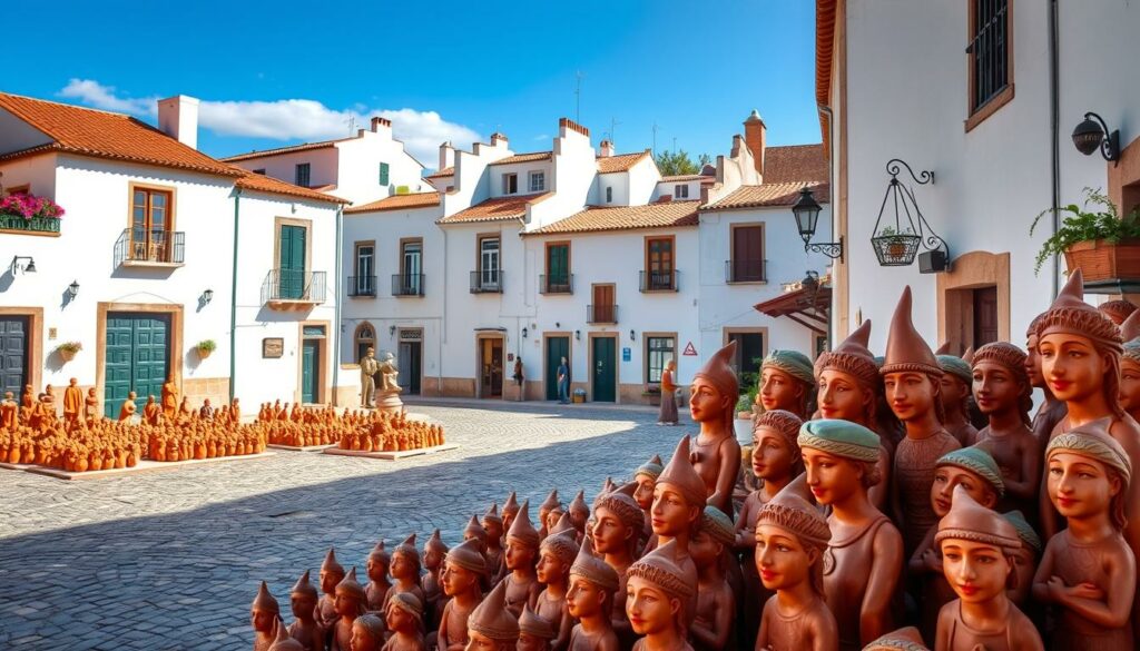 A quaint village square in Estremoz, Portugal, showcasing a vibrant display of handcrafted terracotta figurines. The foreground features an array of intricate, expressive statuettes depicting local folklore characters, their faces and poses imbued with a sense of timeless artistry. In the middle ground, a gentle light filters through cobblestone streets, casting warm shadows that accentuate the terracotta hues. In the background, the iconic white-washed buildings of Estremoz rise, their traditional architecture providing a picturesque backdrop for this timeless scene of Alentejo's rich cultural heritage. The overall atmosphere evokes a sense of timeless tradition, where the creativity and craftsmanship of the region's ceramic artists are celebrated.