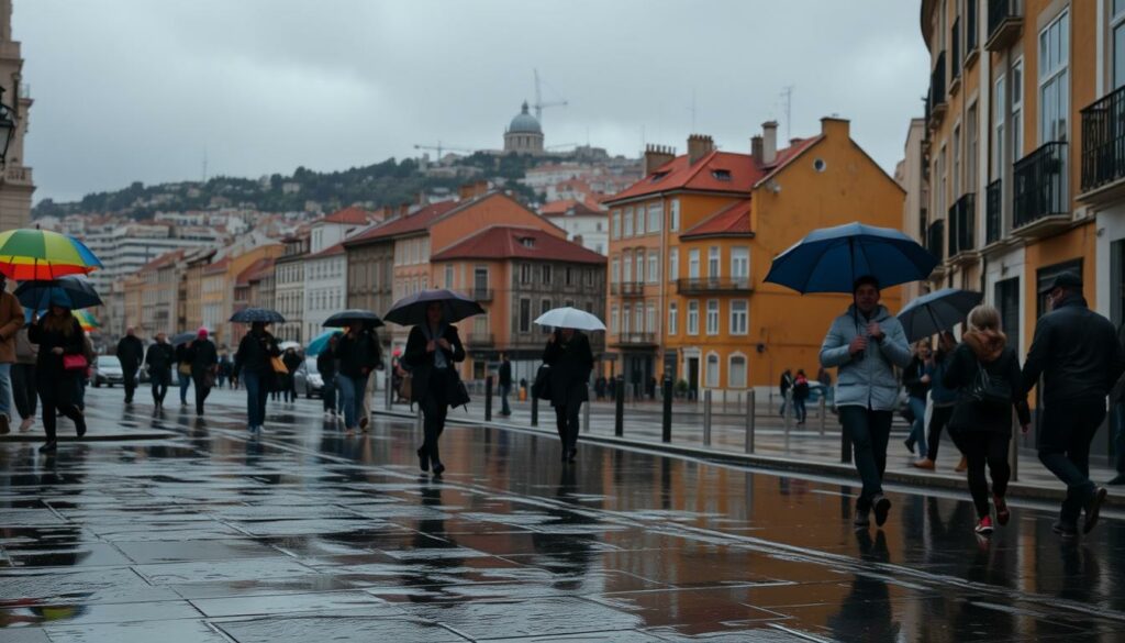 A rain-soaked streetscape in Lisbon, Portugal during a stormy February day. In the foreground, puddles reflect the soft, diffused light of overcast skies, as pedestrians hurry past under the shelter of colorful umbrellas. In the middle ground, historic buildings in warm tones of ochre and terracotta line the narrow cobblestone streets, their weathered facades glistening with moisture. In the background, the hilly silhouette of the city's skyline rises against a moody, slate-gray backdrop of rain clouds. The overall scene conveys a sense of dampness, urban vitality, and the quintessential atmospheric gloom of a Lisbon winter.