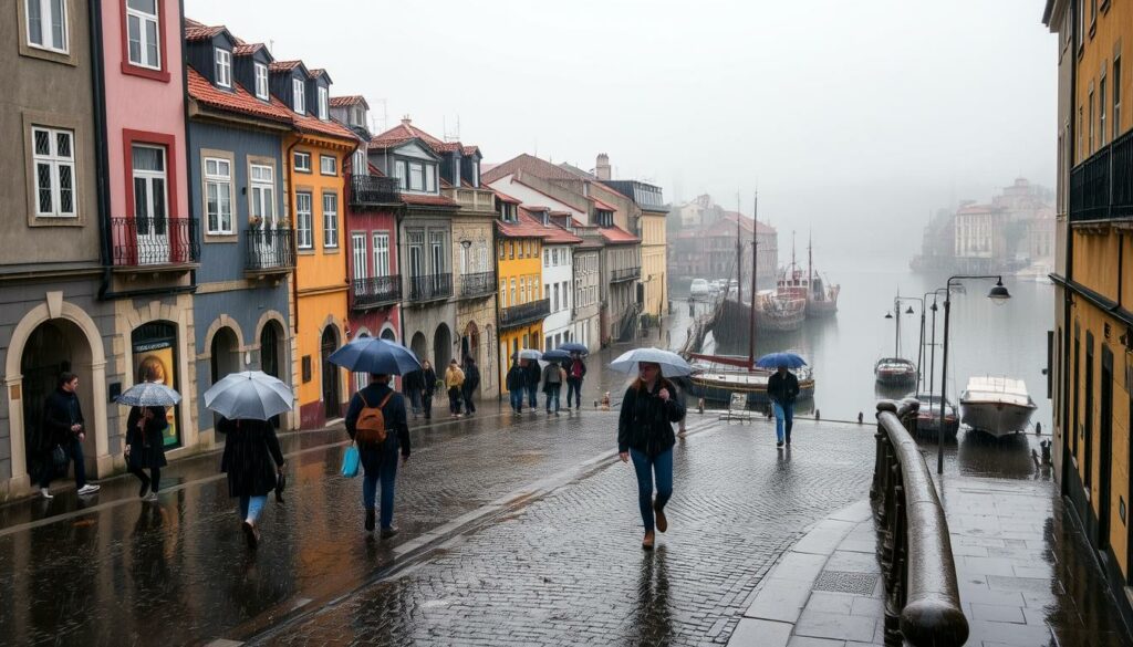 A rainy autumn day in Porto, Portugal. The city's charming historic buildings are shrouded in a soft, misty veil of light rainfall. Cobblestone streets glisten with puddles, reflecting the overcast sky above. Pedestrians hurry along, umbrellas in hand, as the patter of raindrops creates a soothing rhythm. In the background, the iconic Douro River winds its way through the cityscape, its banks dotted with traditional wooden boats. The atmosphere is cozy and atmospheric, capturing the essence of Porto's weather during the October season.
