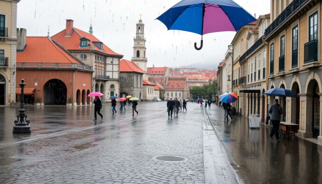 A rainy day in Lissabon, Portugal, with a serene cityscape of ancient buildings and charming cobblestone streets. In the foreground, rain gently falls, creating a soft, diffused light and reflecting on the wet pavement. The middle ground features colorful umbrellas dotting the scene, as locals and tourists navigate the picturesque streets. In the background, the iconic red-tiled roofs and bell towers of historic churches rise above the urban landscape, creating a sense of timeless, old-world character. The overall mood is one of a cozy, atmospheric respite from the April showers, capturing the essence of Lissabon's rainy season.