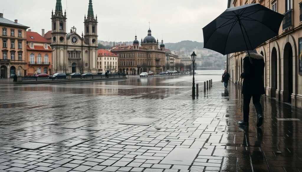 A rainy day in the historic city of Porto, Portugal in December. The cobblestone streets are glistening with puddles, reflecting the ornate facades of the surrounding buildings. A gentle drizzle falls from the overcast sky, casting a soft, atmospheric light over the scene. In the foreground, an umbrella-wielding pedestrian navigates the wet walkways, their steps muffled by the patter of raindrops. Towering churches and stately mansions stand tall in the middle ground, their ornate architecture dampened yet still elegant. In the distance, the iconic Douro River winds its way through the city, its waters swollen from the winter rainfall. An air of tranquility and muted tones pervades the wintry urban landscape.
