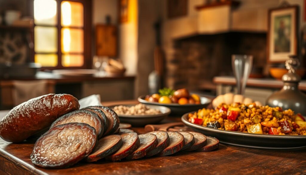 A rich, rustic scene of a traditional Alentejo kitchen. In the foreground, a wooden table is laden with local delicacies - juicy slices of cured "black pork" sausage, fragrant migas (breadcrumb stew), and a platter of roasted vegetables. Warm, golden light filters in through a large window, casting a cozy glow over the scene. In the background, the faint outline of an old stone fireplace can be seen, hinting at the history and heritage of the region. The overall atmosphere is one of homely comfort and culinary abundance, capturing the essence of Alentejo's beloved pork-based cuisine.