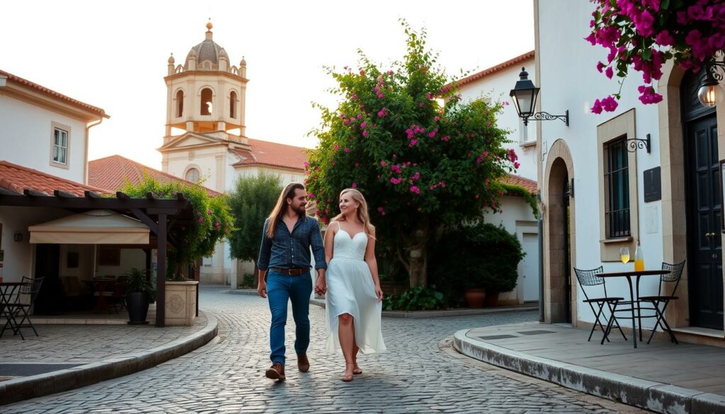 A romantic couple strolling hand-in-hand along a cobblestone street in a quaint Portuguese village, warm evening light casting a golden glow. In the background, a historic church with a bell tower looms, its architecture a testament to the country's rich cultural heritage. A small cafe with outdoor seating invites the pair to linger and enjoy a glass of local wine, surrounded by the fragrant blooms of bougainvillea cascading over trellis-covered walls. The scene evokes a sense of timeless charm and tranquility, the perfect setting for an intimate, cherished moment between lovers.