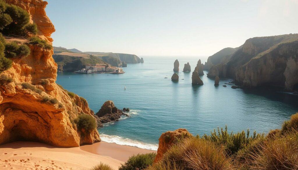 A romantic, sun-drenched seaside vista in Portugal. In the foreground, a secluded cove with soft, golden sand and gently lapping waves. Towering, wind-sculpted cliffs frame the scene, their ochre and limestone hues complemented by lush, verdant foliage spilling over the edges. In the middle ground, a picturesque fishing village nestled between the hills, its whitewashed houses and red-tiled roofs reflecting in the calm, azure waters. The background features a rugged, weathered coastline stretching into the distance, punctuated by dramatic rock formations and dotted with remote, sun-kissed beaches. The lighting is warm and golden, casting a dreamy, atmospheric glow over the entire scene. The overall mood is one of serene, romantic tranquility.