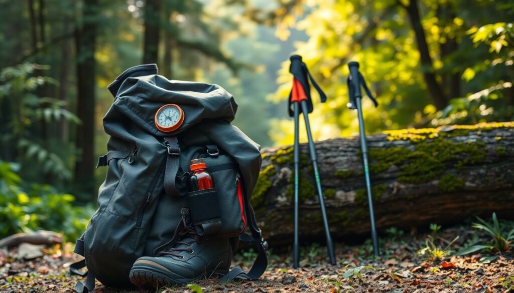 A rugged backpack sits in the foreground, packed with essential hiking gear - sturdy boots, a compass, a water bottle, and a windbreaker. In the middle ground, trekking poles lean against a moss-covered log, ready to aid the adventurer's journey. The background reveals a lush, verdant forest, dappled with rays of warm, golden light filtering through the canopy. The scene evokes a sense of preparedness and the allure of an immersive outdoor experience, perfectly complementing the "Praktische Tipps für deinen Besuch" section of the article about the stunning Lagoa do Fogo on the island of São Miguel.