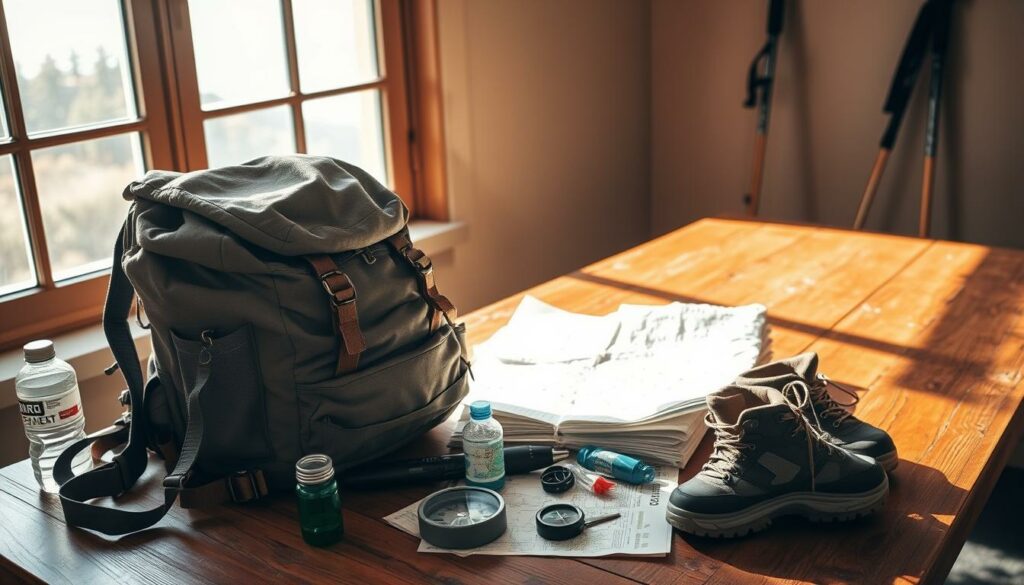 A rugged backpack sits on a wooden table, surrounded by hiking essentials - sturdy boots, water bottles, a compass, and a well-worn map. Sunlight streams in through a large window, casting a warm glow over the scene. In the background, a pair of trekking poles lean against the wall, hinting at the adventurous journey ahead. The overall mood is one of preparation and anticipation, as the hiker readies themselves for the spectacular Pico do Arieiro to Pico Ruivo hike on the island of Madeira.