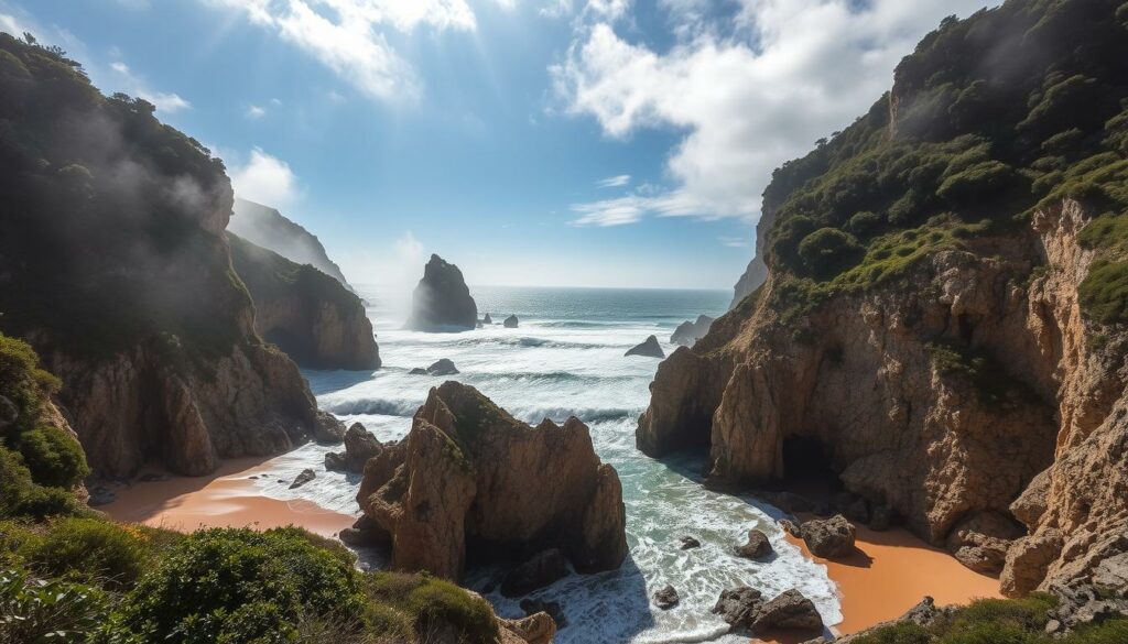 A rugged coastline of Serra de Sintra, where towering cliffs plunge into the turbulent Atlantic. Golden sand beaches, sculpted by the relentless waves, framed by lush, verdant foliage. Bright sunlight filters through wispy clouds, casting dramatic shadows across the weathered rock formations. Dramatic surf crashes against the shore, mist and sea spray filling the air with a briny tang. A hidden, untamed paradise, far from the crowds, exuding a sense of raw, untamed beauty. Capture this wild, natural splendor with a wide-angle lens, highlighting the dramatic interplay of land, sea, and sky.