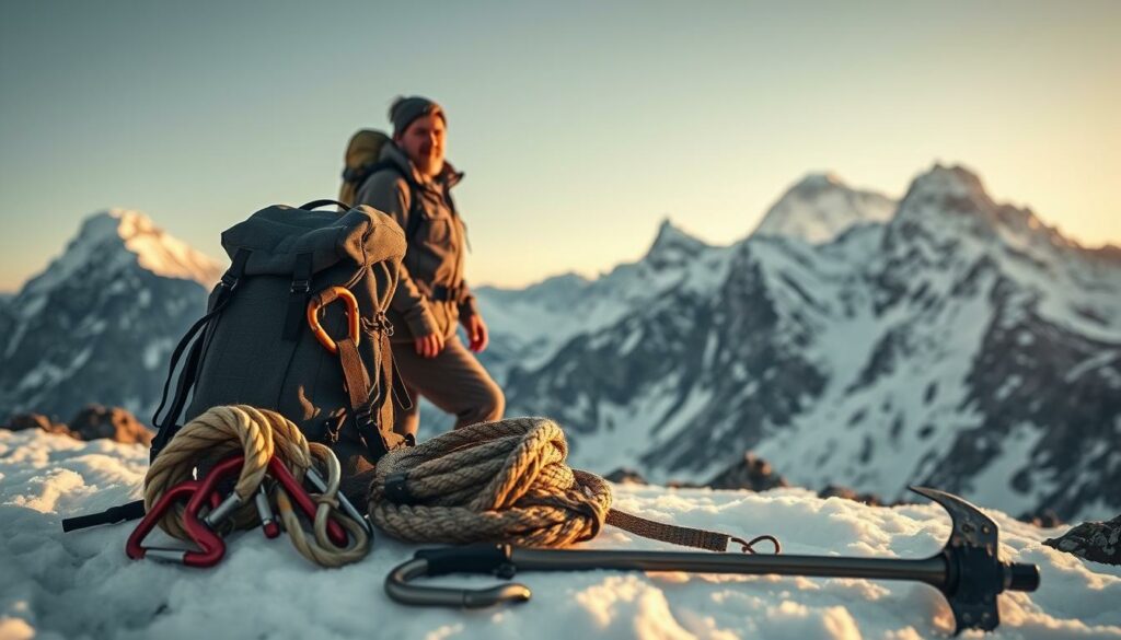 A rugged mountain landscape, with a weathered hiker standing amidst snow-capped peaks. In the foreground, a detailed display of essential safety equipment - a sturdy backpack, a coiled rope, carabiners, crampons, and an ice axe. The lighting is natural, with a soft, golden glow illuminating the scene. The mood is one of adventure and preparedness, capturing the spirit of a challenging yet rewarding mountain expedition. The camera angle is slightly elevated, providing a comprehensive view of the safety gear and the imposing backdrop of the Pico mountain.
