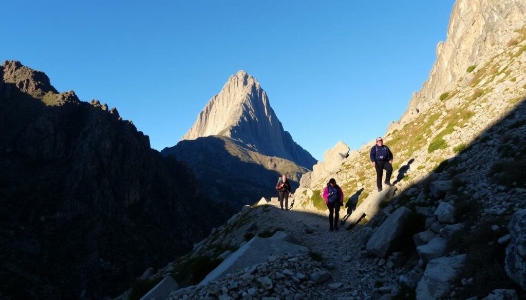 A rugged, sun-dappled trail winds through a dramatic mountainous landscape, leading up to the majestic Penha de Águia, or Eagle's Rock. Steep, jagged cliffs rise up on either side, casting dramatic shadows across the path. In the distance, a rocky peak juts skyward, its sheer face glistening in the warm, golden light. Hikers carefully navigate the challenging terrain, scrambling over boulders and traversing narrow ledges as they ascend towards the towering monolith. A sense of adventure and accomplishment hangs in the air, complemented by the awe-inspiring natural beauty that surrounds the intrepid climbers. A rugged, sun-dappled trail winds through a dramatic mountainous landscape, leading up to the majestic Penha de Águia, or Eagle's Rock. Steep, jagged cliffs rise up on either side, casting dramatic shadows across the path. In the distance, a rocky peak juts skyward, its sheer face glistening in the warm, golden light. Hikers carefully navigate the challenging terrain, scrambling over boulders and traversing narrow ledges as they ascend towards the towering monolith. A sense of adventure and accomplishment hangs in the air, complemented by the awe-inspiring natural beauty that surrounds the intrepid climbers.
