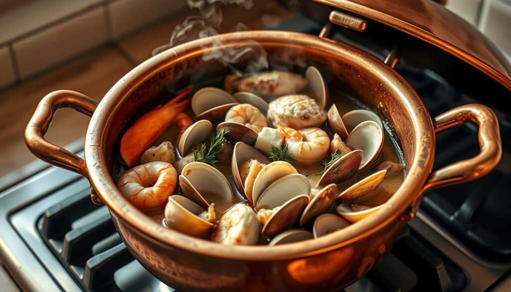 A rustic copper cataplana pot simmers on a gas stovetop, steam gently rising. Inside, a medley of fresh seafood - succulent shrimp, tender clams, and flaky white fish - simmers in a fragrant broth of white wine, garlic, and aromatic herbs. The pot's hinged lid is slightly ajar, inviting the viewer to imagine the savory aromas wafting through the air. The scene is illuminated by warm, natural lighting, casting a golden glow on the copper surface and highlighting the vibrant colors of the ingredients. The overall composition evokes the homey, traditional atmosphere of a Portuguese coastal kitchen, ready to serve a hearty, flavorful cataplana dish.