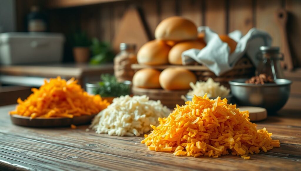 A rustic wooden table in a cozy kitchen, the ingredients for Bolo de Caco artfully arranged. In the foreground, a mound of freshly grated sweet potato, its vibrant orange hue shining under the warm, diffused light. Beside it, a pile of grated cheese, its creamy texture inviting. In the middle ground, a stack of soft, pillowy bread rolls, their golden crusts tempting. In the background, a selection of traditional herbs and spices, their earthy tones complementing the other ingredients. The scene is bathed in a soft, natural light, creating a welcoming and appetizing atmosphere, priming the viewer for the delicious Bolo de Caco to come.