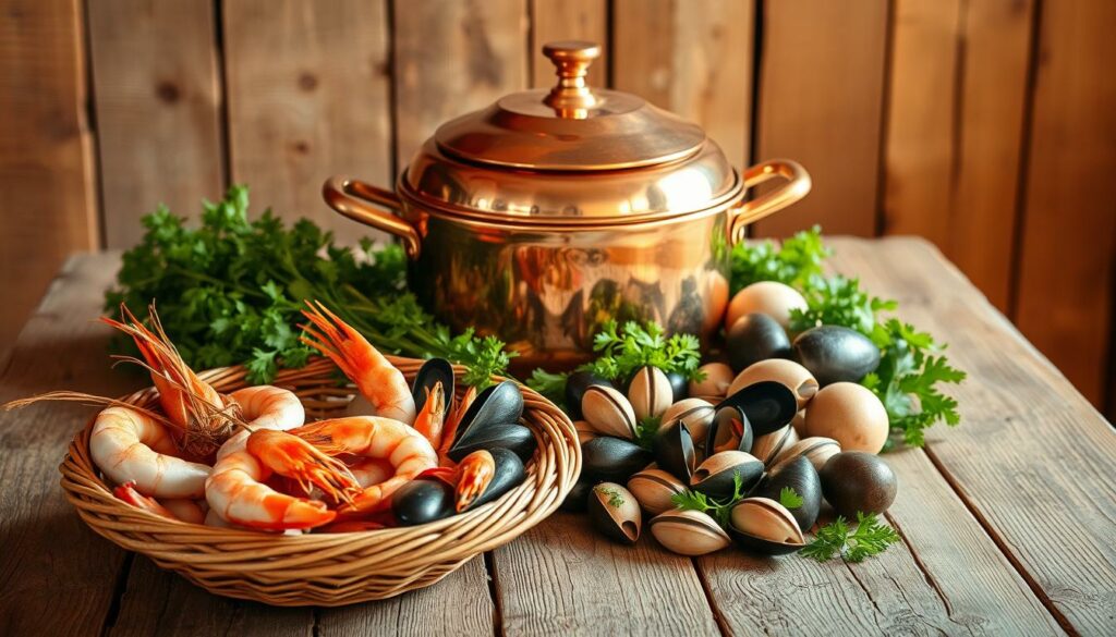 A rustic wooden table, its surface weathered and worn, holds an array of fresh seafood ingredients for the traditional Cataplana dish. In the foreground, succulent prawns, mussels, and clams sit nestled in a woven basket, their vibrant colors and textures beckoning. In the middle ground, a gleaming copper Cataplana pot takes center stage, its curved lid and polished exterior reflecting the warm, natural light filtering in from an unseen window. Surrounding the pot, an assortment of fresh herbs, such as parsley and cilantro, lend their verdant hues and aromatic notes to the scene. In the background, a backdrop of earthy tones, perhaps weathered wooden planks or a stone wall, gives the composition a rustic, Mediterranean atmosphere, transporting the viewer to the sun-drenched coasts of the Algarve region.