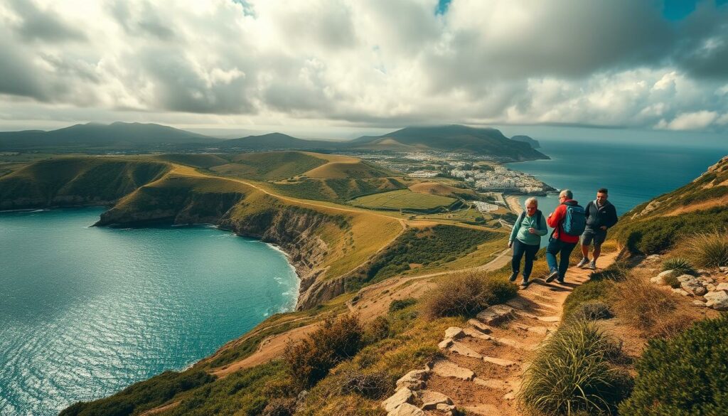 A scenic coastal landscape in the Algarve region of Portugal, captured with a wide-angle lens. The foreground features a group of hikers wearing sturdy boots, exploring a rugged trail along the cliff's edge, overlooking the turquoise waters of the Atlantic. The middle ground showcases the undulating terrain, with rolling hills, lush vegetation, and traditional whitewashed buildings nestled in the distance. The background is dominated by a dramatic, cloudy sky, creating a moody, adventurous atmosphere. The lighting is a mix of warm, golden sunlight and cool, dramatic shadows, emphasizing the depth and texture of the scene. The overall composition conveys a sense of activity, exploration, and the natural beauty of the Algarve.