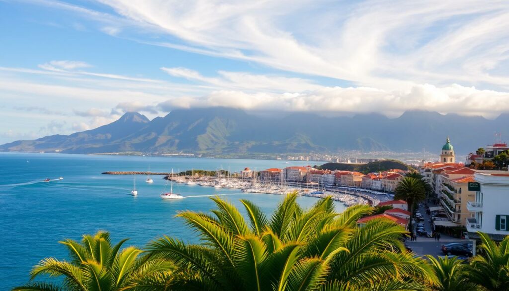 A scenic coastal landscape on the island of Madeira, Portugal in February. In the foreground, lush tropical foliage frames a picturesque seaside promenade lined with colorful buildings and quaint cafes. In the middle ground, a tranquil azure bay dotted with traditional fishing boats and yachts reflects the surrounding mountains. The background features dramatic volcanic peaks capped with wispy clouds, bathed in warm, golden afternoon light. The overall mood is one of relaxation, adventure, and the allure of a Mediterranean-style island escape.