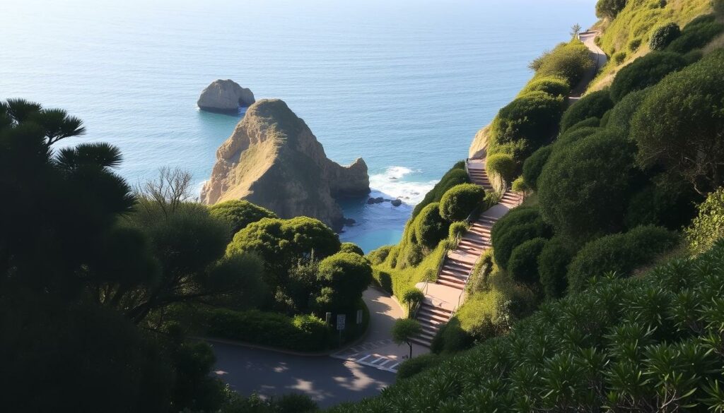 A scenic coastal path leading down to the hidden Praia do Camilo beach, with a sprawling parking area in the foreground. The path is flanked by lush vegetation, casting dappled shadows under a warm, golden-hour sun. The stairs wind down the rocky hillside, inviting visitors to explore the secluded cove below. In the distance, the turquoise waters of the Atlantic Ocean stretch out, framed by rugged cliffs. The overall mood is one of peaceful tranquility, capturing the essence of this picturesque Portuguese destination.