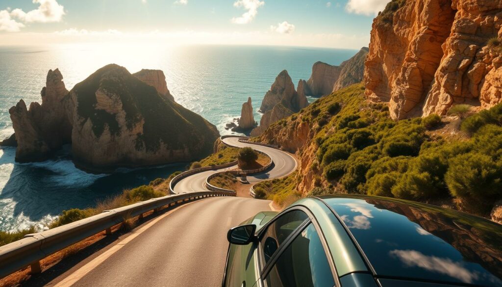 A scenic coastal road along the Algarve region of Portugal, winding through rugged cliffs, towering rock formations, and azure blue waters. Sunlight filters through wispy clouds, casting a warm, golden glow over the picturesque landscape. In the foreground, a sleek rental car navigates the serpentine curves, offering a perfect vantage point to take in the region's natural beauty. The middle ground features lush, verdant vegetation dotting the hillsides, complementing the dramatic, weathered rock faces. In the distance, the horizon is dominated by the vast, shimmering Atlantic Ocean, creating a serene and tranquil atmosphere. Capture the essence of an unforgettable Algarve road trip with this cinematic, wide-angle perspective.