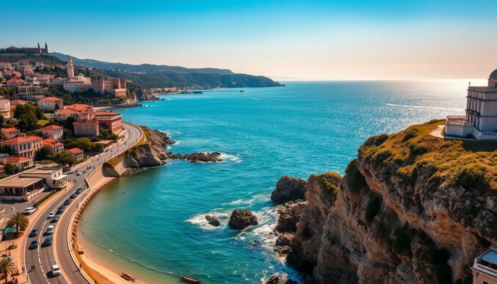 A scenic coastal route winding through the picturesque towns of Cascais and Estoril, bathed in the golden glow of the Iberian sun. In the foreground, a seaside promenade dotted with charming cafes and boutiques, inviting visitors to stroll and explore. The middle ground reveals the sparkling azure waters of the Atlantic, gently lapping against the rocky cliffs. In the distance, the silhouettes of historic landmarks and verdant hills rise up, creating a serene and harmonious landscape. Capture the essence of this captivating region, where the relaxed charm of the Portuguese Riviera meets the timeless beauty of the coastline.