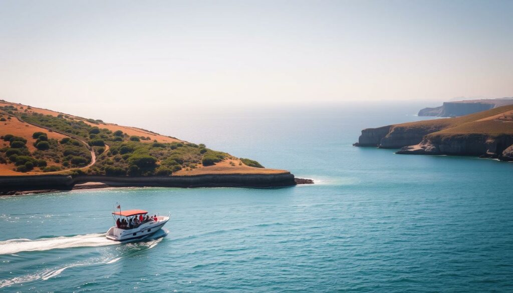 A scenic coastal vista along the Algarve, Portugal, captured through a wide-angle lens. In the foreground, a small tour boat gracefully cutting through the calm, azure waters, its passengers eagerly scanning the horizon for signs of dolphins. The middle ground features rolling hills dotted with vibrant Mediterranean vegetation, casting a warm, golden glow under the soft, diffused lighting of a late afternoon sun. In the background, the vast, sparkling expanse of the Atlantic Ocean stretches towards the horizon, with distant cliffs and rocky outcroppings adding depth and dimension to the scene. The overall atmosphere is one of tranquility and adventure, inviting viewers to imagine themselves embarking on a captivating dolphin-watching expedition, suitable for a wide range of audiences.