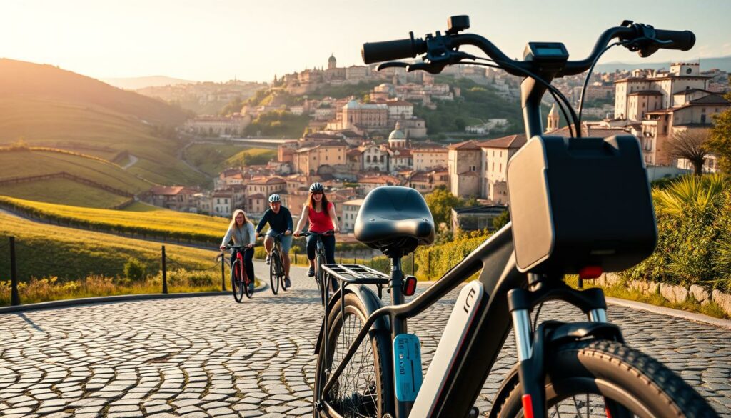 A scenic landscape of a picturesque European city, with rolling hills and winding cobblestone streets. In the foreground, a well-equipped electric bicycle stands ready, its sleek design and vibrant colors inviting the viewer to embark on an adventurous journey. The middle ground features a group of cyclists exploring the city, their faces filled with a sense of wonder and delight as they navigate the undulating terrain. In the background, historic buildings and landmarks rise up, casting warm, golden shadows that accentuate the city's charming character. The scene is bathed in soft, natural lighting, creating a serene and inviting atmosphere that perfectly captures the essence of an enjoyable e-bike tour through a captivating urban landscape.