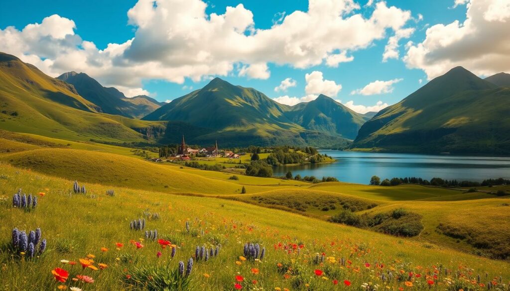 A scenic landscape of the Azores islands during their best travel season. In the foreground, lush green hills and rolling meadows dotted with vibrant wildflowers. In the middle ground, a tranquil lake reflects the azure sky and fluffy white clouds. Across the lake, a picturesque village with colorful houses and a quaint church steeple nestled among the trees. In the background, rugged volcanic peaks reach up towards the heavens, their slopes cloaked in a verdant tapestry. Warm golden sunshine filters through the air, casting a soft, inviting glow over the entire scene. The atmosphere is one of peaceful serenity, perfectly capturing the ideal time to visit this enchanting Portuguese archipelago.