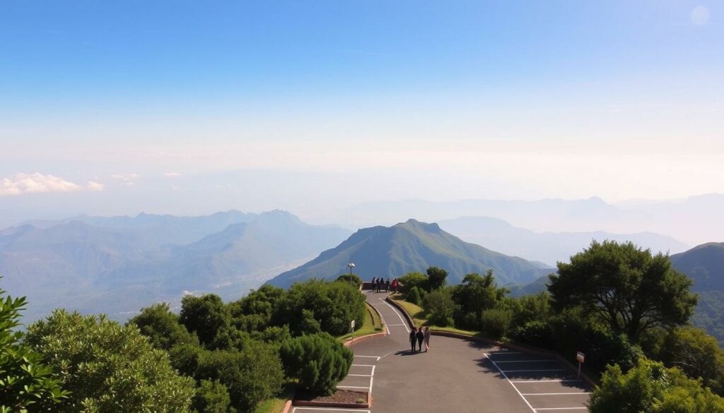 A scenic mountain vista with the Pico do Arieiro, Madeira's third-highest peak, at the center. In the foreground, a well-paved parking lot nestled among lush, verdant foliage. Visitors stroll along the path, taking in the panoramic views of rugged, snow-capped mountains that stretch out in the distance. Soft, diffused lighting illuminates the scene, creating a serene and tranquil atmosphere. The image captures the practical accessibility and breathtaking natural beauty that await those exploring this remarkable Madeiran landmark.