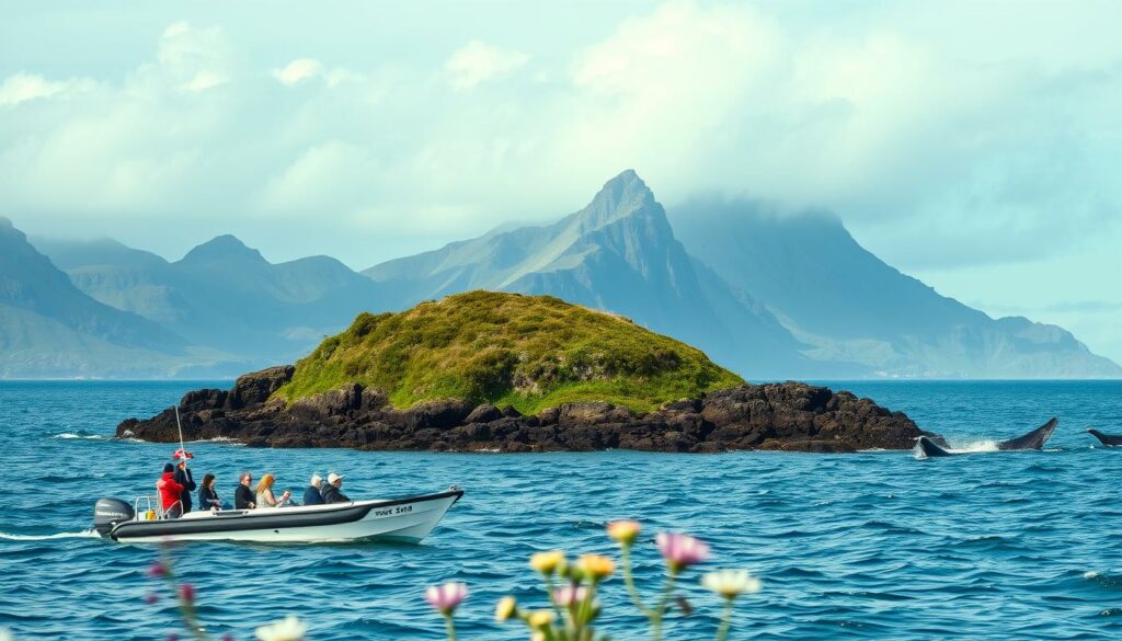 A scenic seaside vista on the Azores islands, showcasing a sustainable whale watching experience. In the foreground, a small eco-tour boat gently glides across the azure waters, its passengers eagerly observing a pod of majestic whales breaching the surface. The middle ground features a rocky coastal outcrop, dotted with lush vegetation and wildflowers that sway in the ocean breeze. In the background, rugged mountains rise up, their peaks shrouded in wispy clouds. The lighting is soft and diffused, creating a serene, almost dreamlike atmosphere. The camera angle is slightly elevated, providing a panoramic view that captures the harmony between the natural environment and the responsible whale watching activities taking place.
