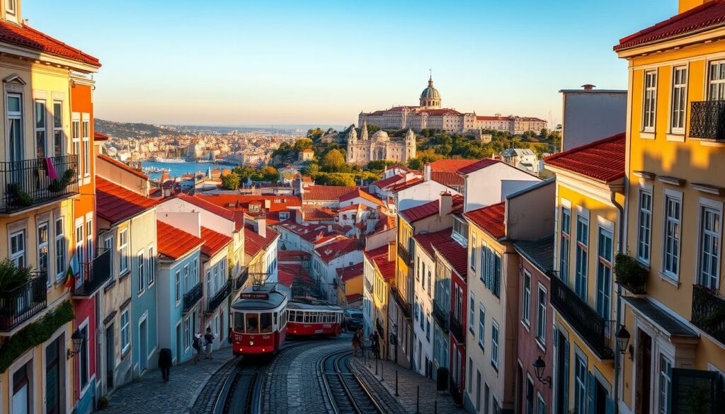 A scenic view of Lisbon's historic neighborhoods, bathed in warm, golden afternoon light. The foreground features charming cobblestone streets lined with colorful, tile-roofed buildings, their facades adorned with intricate architectural details. In the middle ground, old trams climb the hilly terrain, offering a glimpse of the city's vibrant street life. In the background, the picturesque silhouette of the Castelo de São Jorge stands tall, overlooking the Tagus River and the city's iconic red rooftops. The overall atmosphere evokes a sense of timeless European elegance and a rich, centuries-old history, inviting the viewer to explore this captivating pedestrian-friendly urban landscape.
