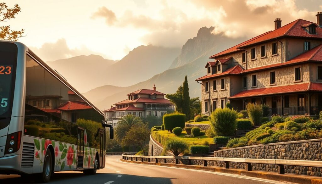 A scenic view of Madeira's transportation and accommodation options in the early spring. In the foreground, a sleek, modern bus navigates the island's winding roads, its exterior accented with vibrant floral patterns. In the middle ground, a historic hotel stands tall, its rustic stonework and terracotta roof tiles complemented by lush, verdant gardens. In the background, the dramatic mountainous landscape unfolds, with towering peaks shrouded in a soft, ethereal mist. The scene is bathed in the warm, golden light of the March sun, creating a serene and inviting atmosphere that reflects the practical yet captivating nature of travel on this enchanting Portuguese island.