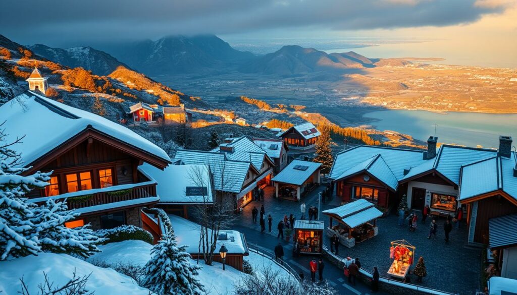 A scenic winter wonderland in Madeira, Portugal. In the foreground, a cozy chalet nestled among snow-capped mountains, its warm lights glowing invitingly. In the middle ground, a quaint village square with locals bundled up and going about their daily activities, sipping hot drinks and browsing festive holiday markets. In the background, a panoramic view of the island's lush, verdant landscape, with the deep blue of the Atlantic Ocean in the distance. The scene is bathed in a soft, golden light, creating a serene and picturesque atmosphere perfect for a December vacation. Detailed, photorealistic, 4K resolution.