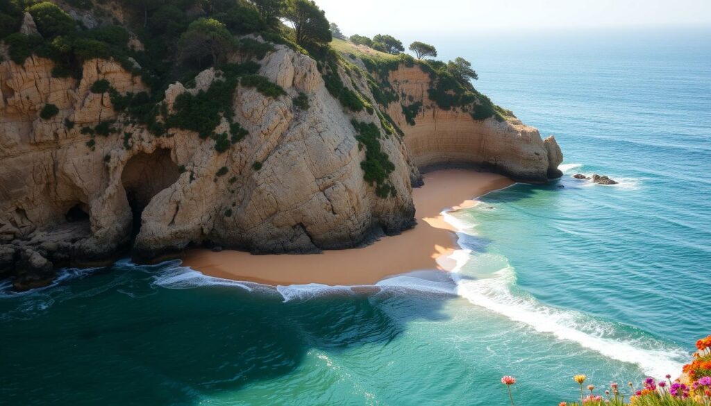A secluded beach in Portugal, tucked away from the bustling crowds. Rugged cliffs embrace a crescent-shaped cove, their weathered faces casting soft shadows on the golden sands below. Gentle waves lap against the shore, their soothing rhythm inviting exploration. Vibrant wildflowers dot the cliffside, adding pops of color to the serene landscape. Sunlight filters through the canopy of nearby trees, creating a warm, dappled glow that envelops the hidden paradise. A serene, off-the-beaten-path haven, perfect for those seeking to escape the well-trodden tourist trails and immerse themselves in the unspoiled beauty of the Portuguese coastline.