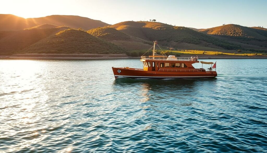 A serene Hausboot floating on the tranquil waters of the Alqueva Lake, Portugal's largest inland body of water. The boat's sleek wooden exterior and expansive deck are bathed in warm, golden sunlight, casting long shadows across the gently lapping waves. Surrounding the boat are lush, verdant hills dotted with olive groves and vineyards, their earthy hues complementing the azure sky above. A gentle breeze ruffles the surface of the lake, creating a mesmerizing play of light and reflection. The scene exudes a sense of peaceful solitude, inviting the viewer to imagine a leisurely day of relaxation and exploration on this idyllic, chillingly beautiful waterscape.