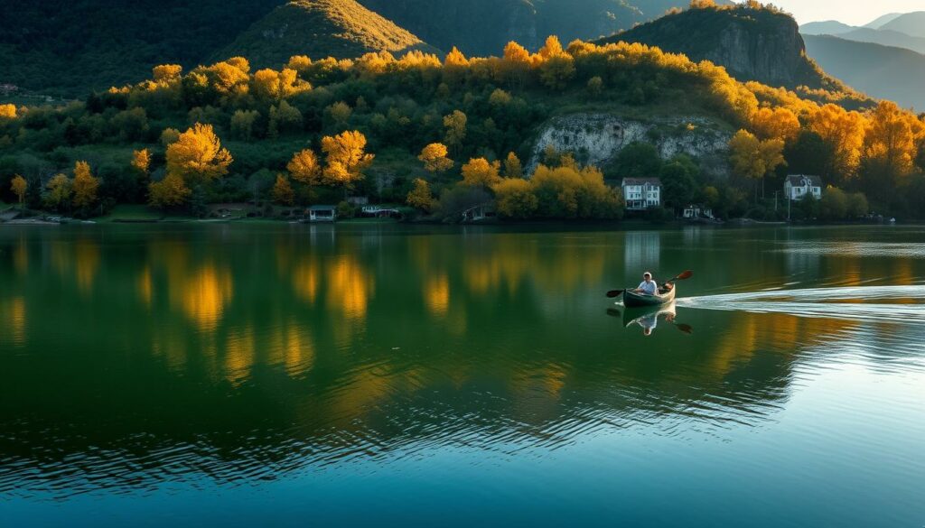 A serene autumn day on the Zêzere River, the golden leaves reflecting on the calm, glassy waters. A lone canoe drifts by, its occupant taking in the natural beauty of the Zêzere Valley - lush green hills, towering cliffs, and the distant peaks of the Serra da Estrela mountain range. Soft, warm lighting filters through the trees, casting a cozy, inviting atmosphere. The canoe casts a gentle ripple across the surface, hinting at the tranquil, leisurely pace of a Zêzere River kayaking adventure. An idyllic scene, perfect for a day of outdoor exploration and connection with nature. A serene autumn day on the Zêzere River, the golden leaves reflecting on the calm, glassy waters. A lone canoe drifts by, its occupant taking in the natural beauty of the Zêzere Valley - lush green hills, towering cliffs, and the distant peaks of the Serra da Estrela mountain range. Soft, warm lighting filters through the trees, casting a cozy, inviting atmosphere. The canoe casts a gentle ripple across the surface, hinting at the tranquil, leisurely pace of a Zêzere River kayaking adventure. An idyllic scene, perfect for a day of outdoor exploration and connection with nature.