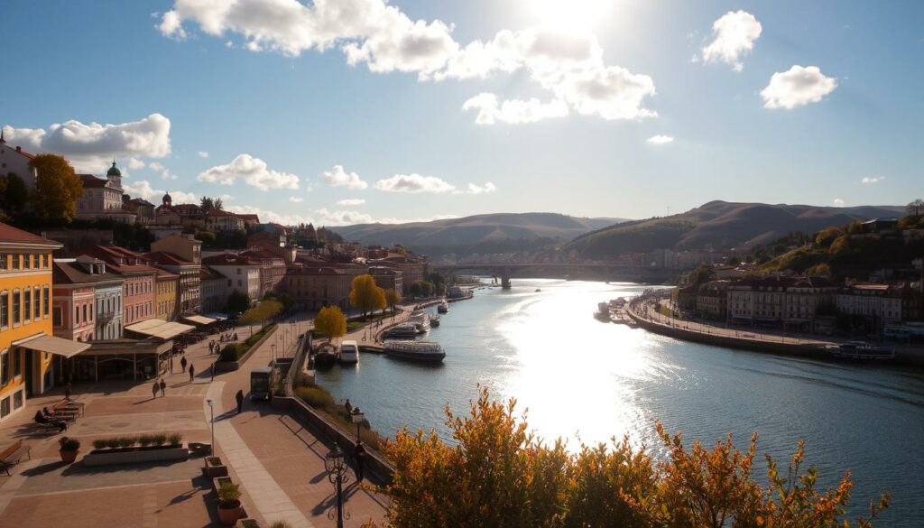 A serene autumn landscape in Porto, Portugal, bathed in warm, golden sunlight. In the foreground, a picturesque seaside promenade lined with iconic tiled buildings and charming cafes. In the middle ground, the iconic Douro River winds its way through the city, its waters reflecting the vibrant hues of the surrounding architecture. In the background, rolling hills and a clear, blue sky dotted with fluffy white clouds. The scene conveys a sense of tranquility and mild, comfortable temperatures, perfectly capturing the essence of Porto's weather in October.
