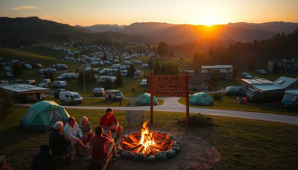A serene campground nestled amidst lush, rolling hills, with rows of well-kept tents and campers dotting the landscape. In the foreground, a group of campers sit around a crackling fire, sharing stories and laughter, their faces illuminated by the warm glow. In the middle ground, a wooden sign stands, inviting visitors to explore the campground's facilities and amenities. The background is painted with the soft hues of a golden sunset, casting a tranquil ambiance over the entire scene. The image is captured with a wide-angle lens, allowing the viewer to fully immerse themselves in the peaceful atmosphere of the campground.
