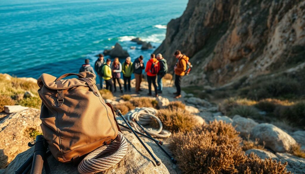 A serene coastal landscape along the Algarve, Portugal, with hikers preparing for their trek on the Rota Vicentina trail. In the foreground, a weathered backpack rests on a rock, surrounded by hiking poles and a coiled rope. In the middle ground, a group of hikers, clad in weatherproof gear, consult a map and check their supplies. The background features the rugged cliffs and azure waters of the Atlantic Ocean, bathed in warm, golden light. The scene evokes a sense of adventure, exploration, and connection with the natural world.