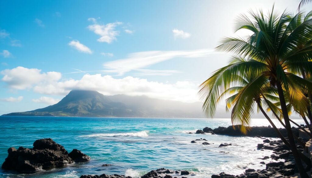 A serene coastal scene in Madeira, Portugal, during the month of December. The clear blue waters of the Atlantic Ocean gently lap against the rocky shoreline, their temperature a comfortable 19°C (66°F). Vibrant green palm trees sway in the gentle breeze, framing the tranquil seascape. Soft, diffused sunlight filters through wispy clouds, casting a warm, golden glow over the entire tableau. In the distance, the lush, rolling hills of the island's interior rise up, creating a picturesque backdrop. The overall mood is one of peaceful tranquility, inviting the viewer to imagine themselves immersed in the island's temperate maritime climate during the winter season.