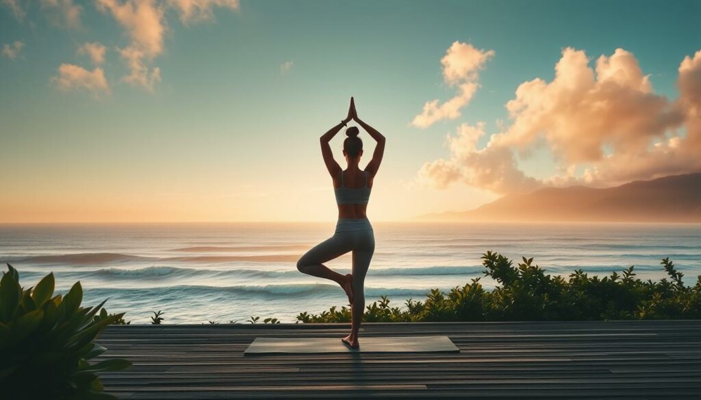 A serene coastal scene with a yoga practitioner in a sun salutation pose on a wooden deck, surrounded by lush greenery and the gentle waves of the ocean in the background. Warm, diffused lighting filters through wispy clouds, creating a tranquil and rejuvenating atmosphere. The practitioner's movements are graceful and centered, capturing the essence of yoga and wellness in harmony with the natural world. In the distance, a backdrop of verdant hills and the vast, azure expanse of the sea completes the idyllic setting.
