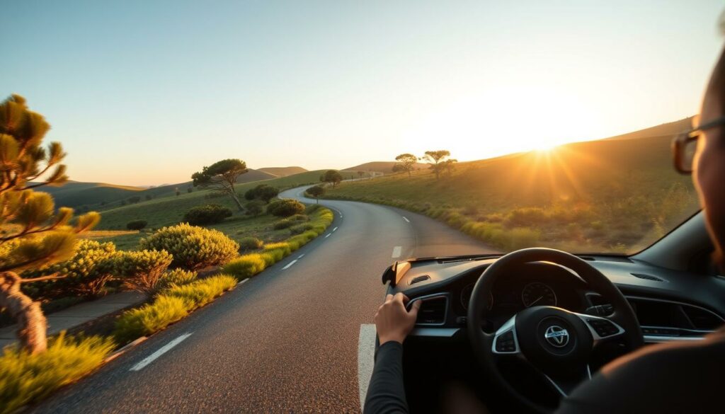 A serene country road winds through the verdant landscapes of Northern Portugal, flanked by rolling hills and clusters of pine trees. The sun casts a warm, golden glow, illuminating the winding path ahead. A sleek, mid-sized rental car navigates the scenic route, offering the driver a sense of freedom and exploration. The interior of the vehicle is well-appointed, with modern amenities that enhance the journey. The driver's gaze shifts between the picturesque vistas and the road, anticipating the next charming village or hidden natural wonder to discover. The mood is one of tranquility and adventure, perfectly capturing the essence of a self-guided day trip through the captivating region.