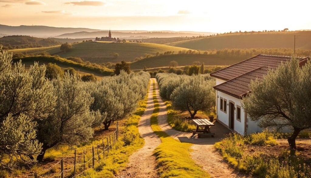 A serene countryside scene showcasing the essence of an Alentejo agrotourism holiday. In the foreground, a picturesque farmhouse with a charming tiled roof and whitewashed walls, surrounded by lush olive groves. A winding dirt path leads through the middle ground, flanked by rows of neatly pruned olive trees, their silvery leaves gently swaying in the warm breeze. In the background, rolling hills dotted with wildflowers and the distant silhouette of a medieval hilltop village. Warm, golden sunlight filters through wispy clouds, casting a soft, romantic glow across the tranquil landscape. The scene evokes a sense of rustic simplicity, traditional hospitality, and the soothing scent of fragrant olive oil.