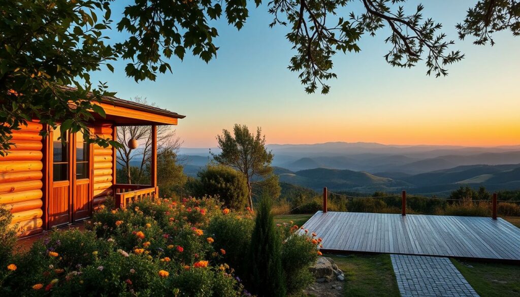 A serene digital detox retreat nestled in the rolling hills of central Portugal. The foreground features a cozy cabin with a wooden exterior, surrounded by lush green foliage and colorful wildflowers. The middle ground showcases a tranquil outdoor yoga platform, where guests can practice mindfulness surrounded by the peaceful natural landscape. In the background, rolling hills and distant mountains create a calming, picturesque setting, bathed in warm, soft lighting that evokes a sense of relaxation and rejuvenation. The overall atmosphere conveys a harmonious balance between technology-free simplicity and the restorative power of nature.