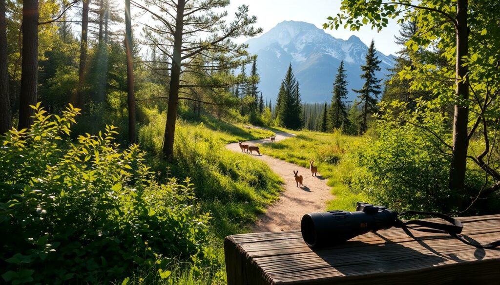 A serene forest scene with lush greenery and sunbeams filtering through the canopy. In the foreground, a pair of binoculars rests on a weathered wooden bench, signaling the presence of a wildlife observer. The middle ground features a trail winding through the undergrowth, with small animals, such as rabbits or deer, cautiously emerging from the bushes. In the background, a towering mountain range rises, its peaks capped with snow, creating a picturesque backdrop for the scene. The overall mood is one of tranquility and connection with nature, inviting the viewer to embark on a wildlife observation adventure.