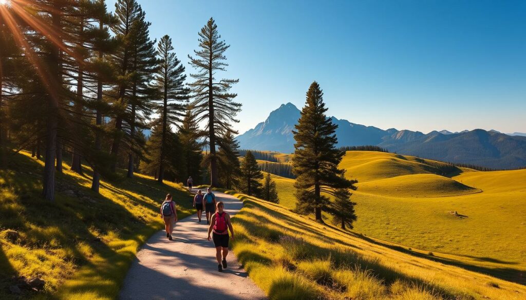 A serene hiking trail winds through a picturesque landscape of rolling hills and lush green meadows, bathed in warm, golden sunlight. Towering pine trees line the path, casting gentle shadows on the well-worn dirt trail. In the distance, a majestic mountain range stands tall, its jagged peaks reaching up towards a clear, azure sky. A gentle breeze rustles the leaves, creating a soothing, natural symphony. Hikers of all ages stroll along the trail, taking in the breathtaking scenery and embracing the tranquility of the great outdoors. The scene exudes a sense of adventure, exploration, and a deep connection with nature.