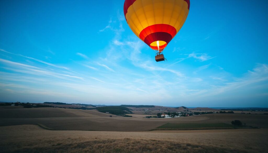 A serene hot air balloon drifting gracefully over the rolling hills and vast open fields of the Alentejo region. The vibrant red and yellow balloon casts a warm glow, contrasting beautifully with the muted tones of the rural landscape below. Wispy clouds dot the azure sky, creating a sense of tranquility. In the distance, ancient whitewashed villages and vineyards dot the horizon, hinting at the quiet charms and hidden gems waiting to be discovered. The perspective is captured from a low angle, conveying a sense of wonder and immersion in this picturesque, off-the-beaten-path scene.
